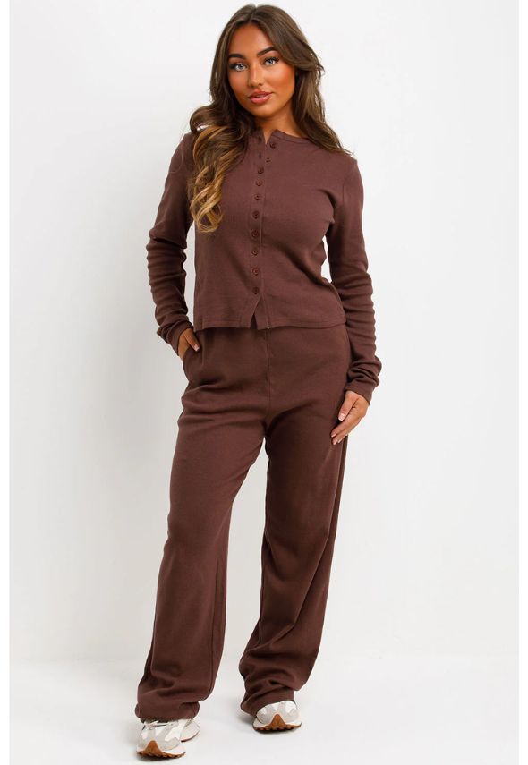 Rib Button Up Long Sleeve Top And Trouser Loungewear Set Brown