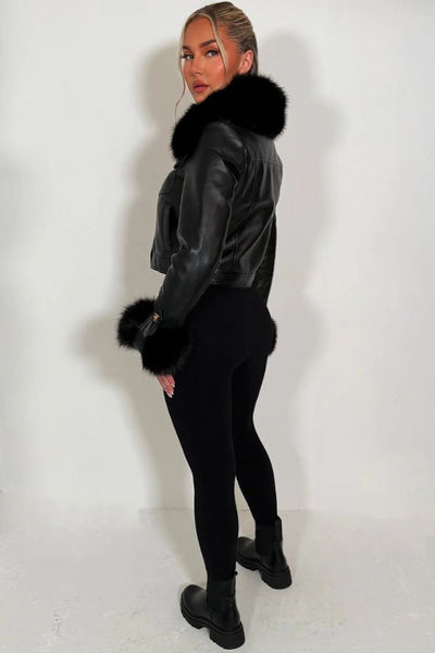 Black Faux Fur Faux Leather Bomber Jacket With Gold Buttons