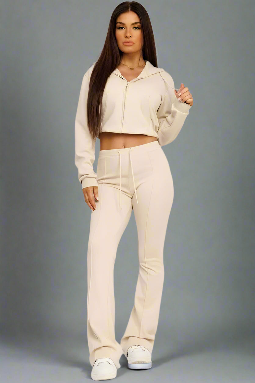 Beige Cropped Bootcut Sweatshirt And Joggers Tracksuit