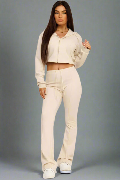 Beige Cropped Bootcut Sweatshirt And Joggers Tracksuit