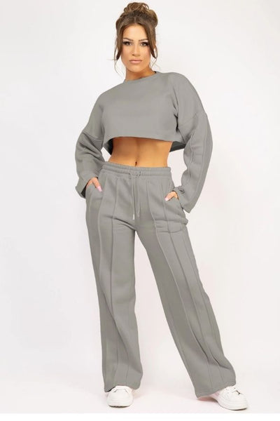 Dove GreyCropped Sweatshirt And Pintuck Detail Joggers Tracksuit