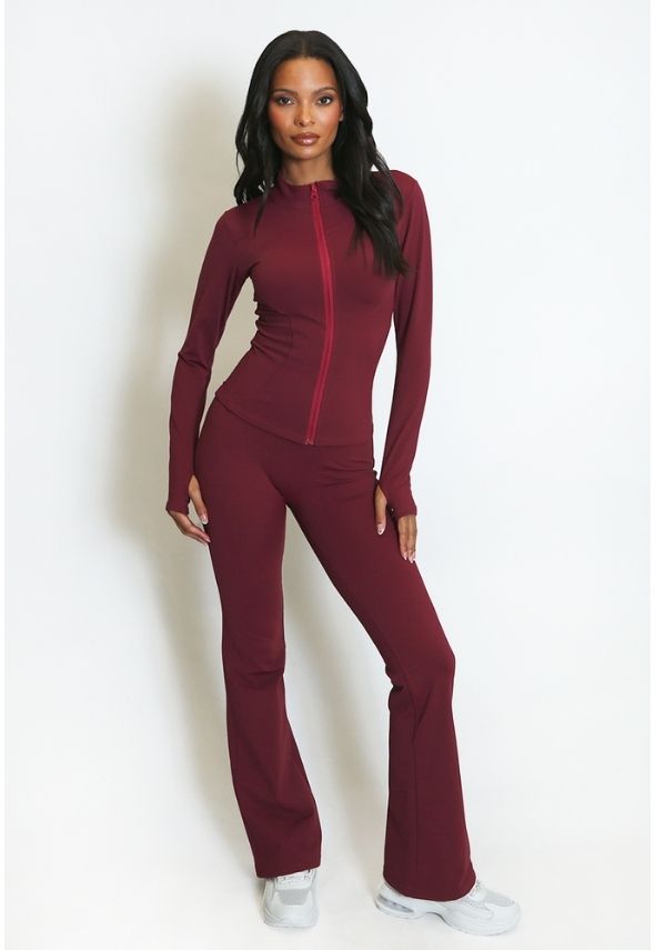 Fleece Lined Active Zip Top with Push Up Flare Trouser Wine
