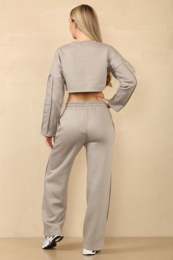 Crop Sweatshirt & Wide fit bottoms Set Stone