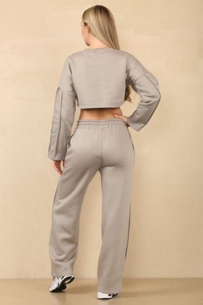 Crop Sweatshirt & Wide fit bottoms Set Stone