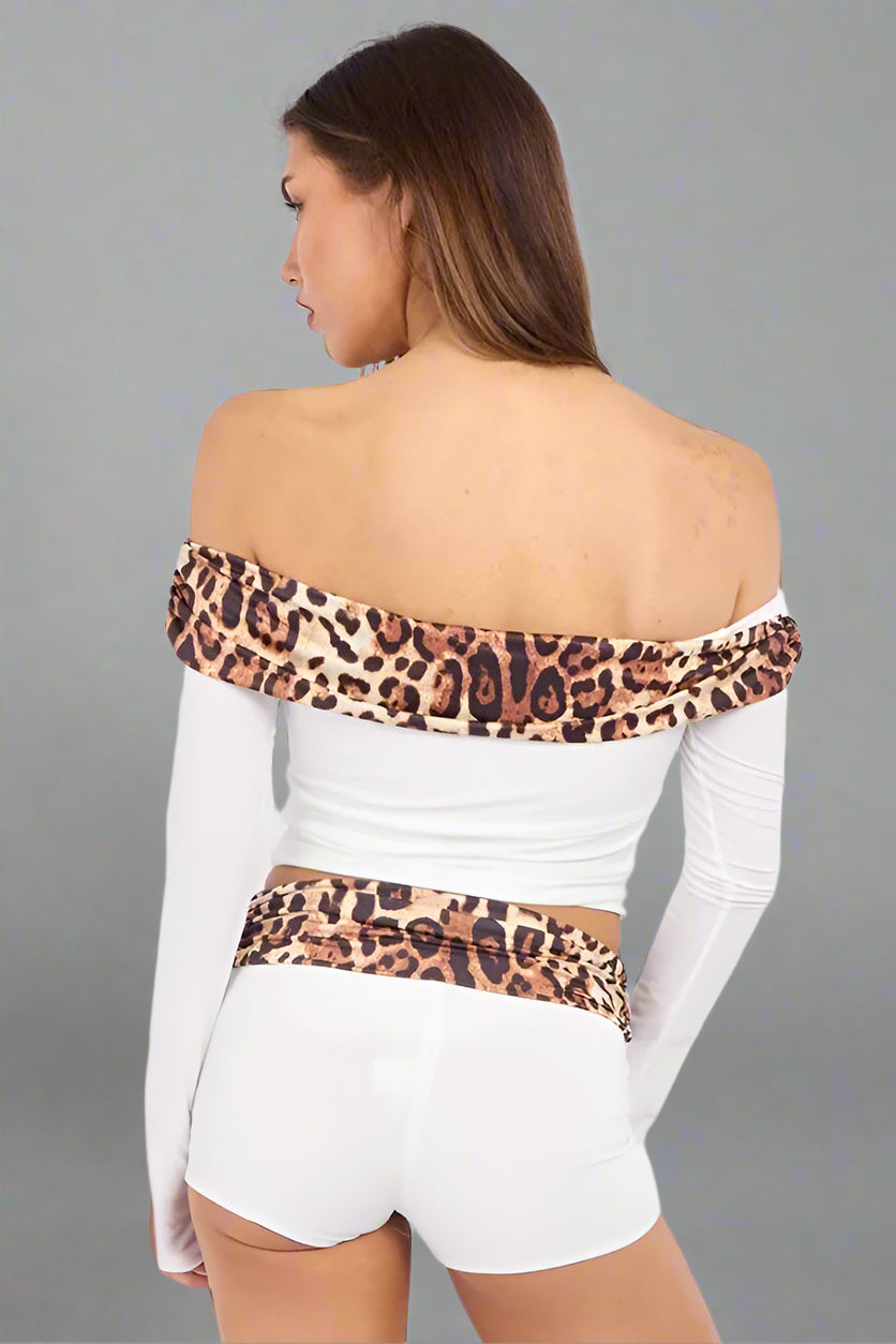 Off Shoulder Leopard Print Top & Ruched Shorts Co-Ord White