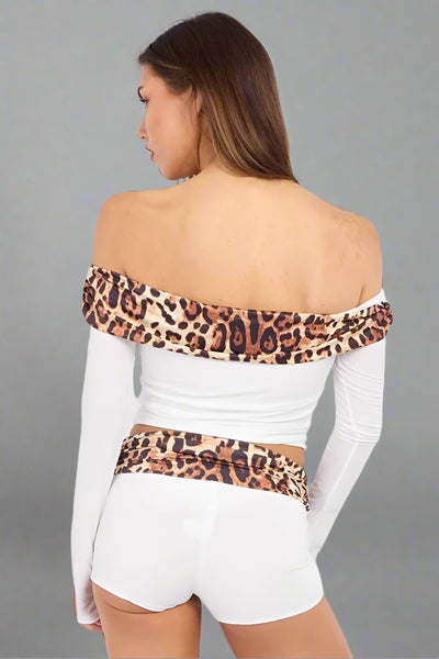 Off Shoulder Leopard Print Top & Ruched Shorts Co-Ord White