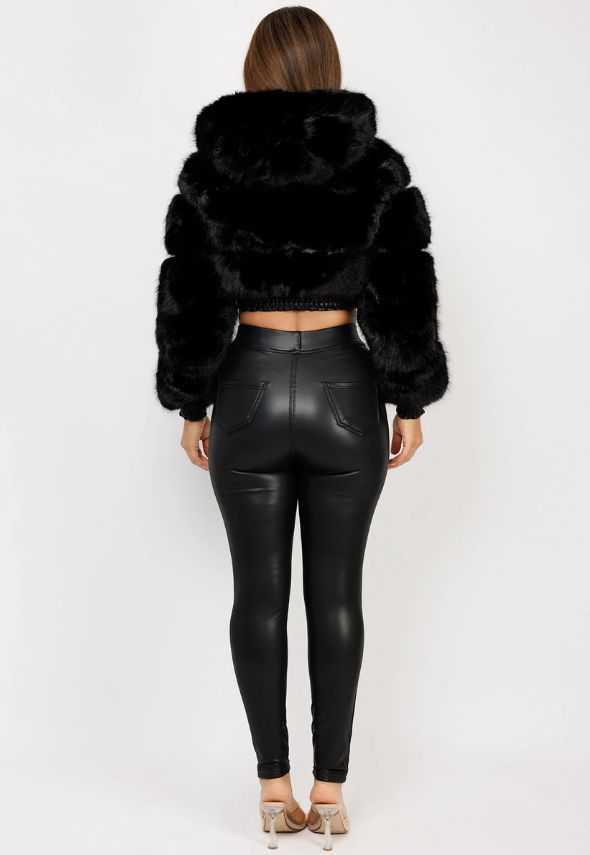 Black Cropped Hooded Faux Fur Tiered Coat Jacket