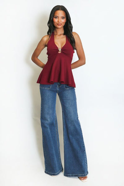 Fine Knit Halter Neck Top Wine