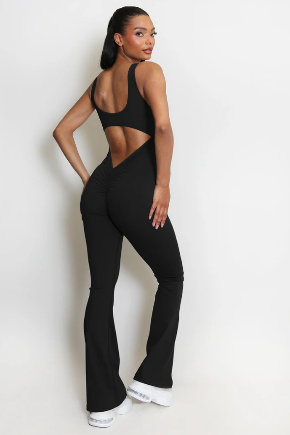 Cut Out Back Ruched Push up Jumpsuit Black