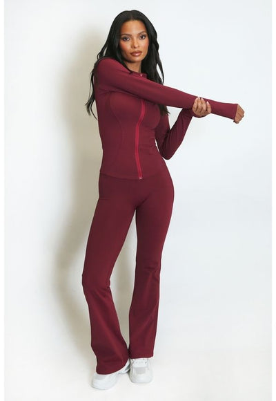 Fleece Lined Active Zip Top with Push Up Flare Trouser Wine