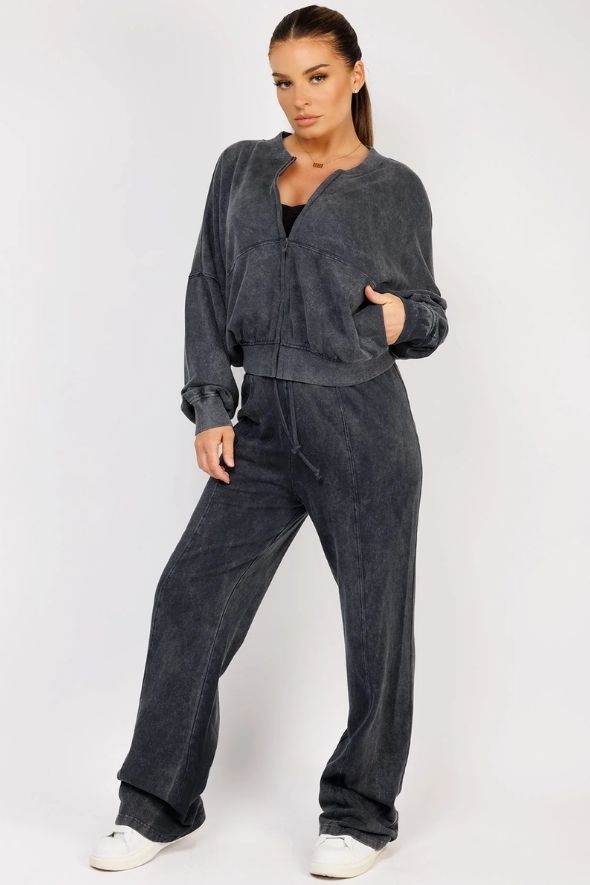 Black Stonewashed Zipped Bomber Jacket & Joggers Loungewear Set