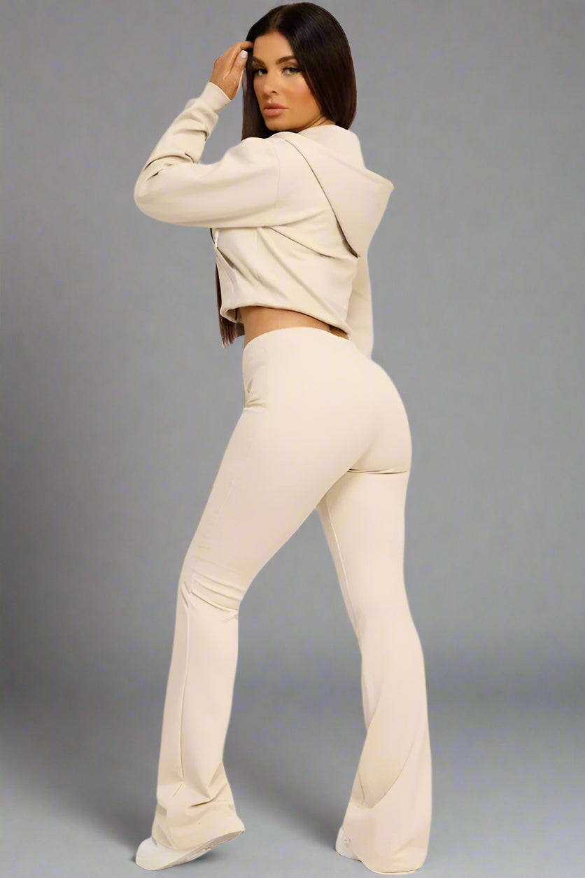 Beige Cropped Bootcut Sweatshirt And Joggers Tracksuit