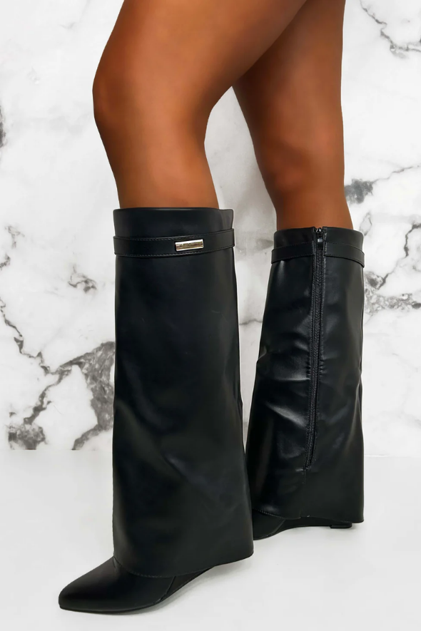 Signature Shark Black Faux Leather Fold Over Knee High Boots