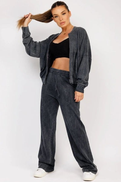 Black Stonewashed Zipped Bomber Jacket & Joggers Loungewear Set