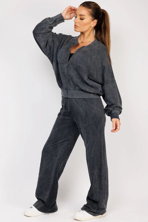 Black Stonewashed Zipped Bomber Jacket & Joggers Loungewear Set