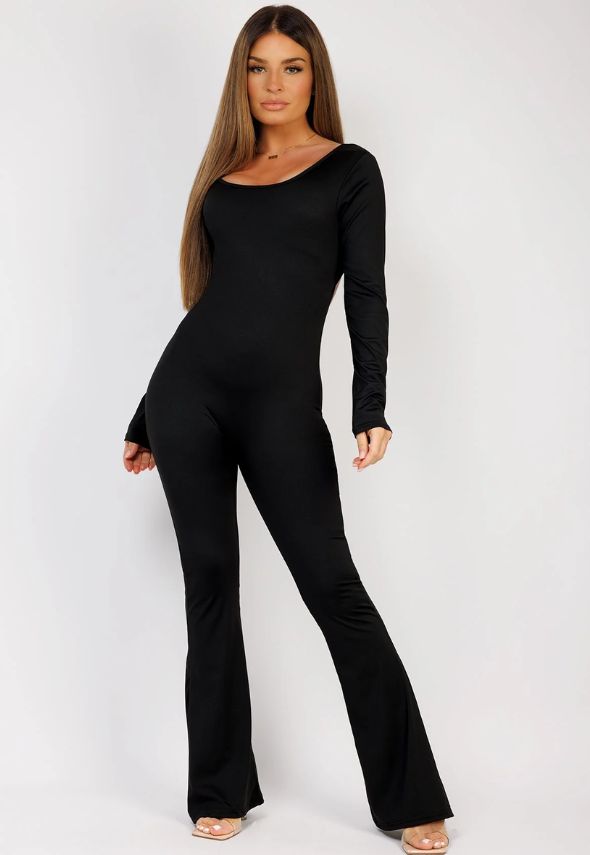 Black Long Sleeve Open Back Ruched Jumpsuit