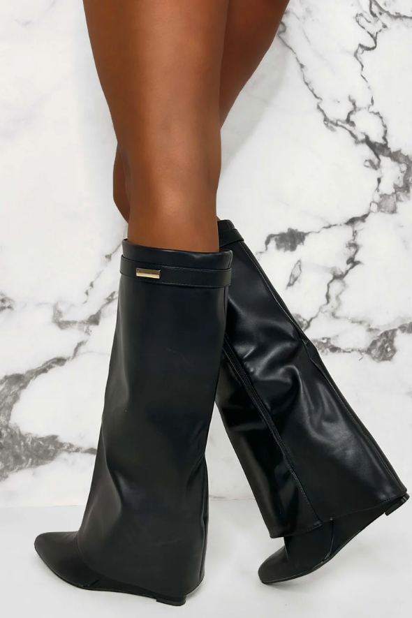 Signature Shark Black Faux Leather Fold Over Knee High Boots