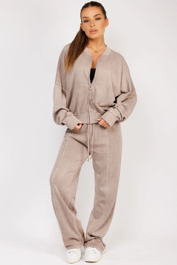 Taupe Stonewashed Zipped Bomber Jacket & Joggers Loungewear Set