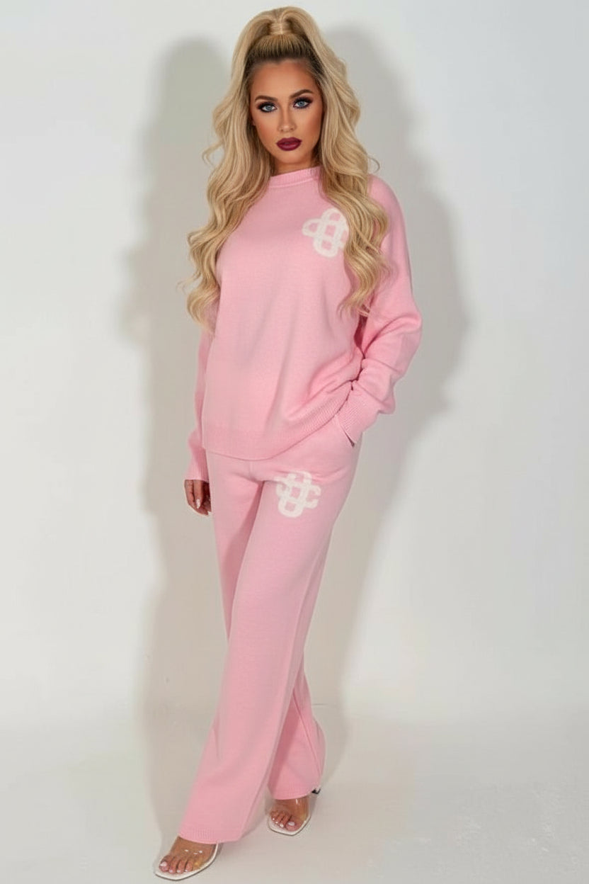 Knitted Lounge Set With Contrast Emblem Pink
