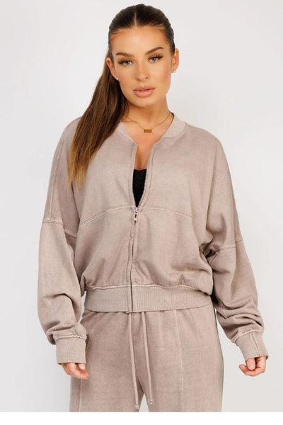 Taupe Stonewashed Zipped Bomber Jacket & Joggers Loungewear Set