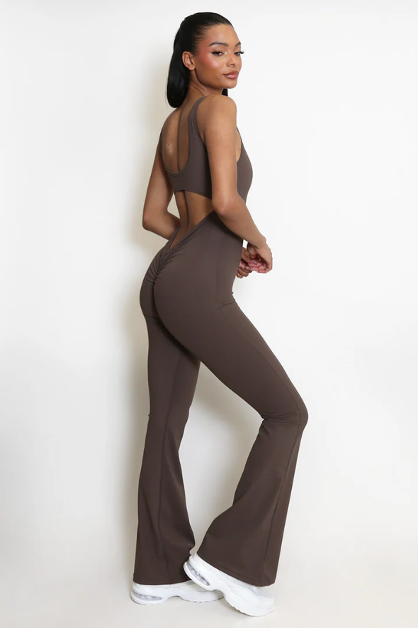 Cut Out Back Ruched Push up Jumpsuit Brown