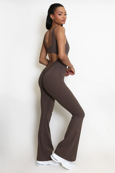 Cut Out Back Ruched Push up Jumpsuit Brown