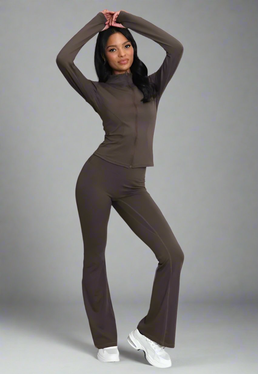 Active Zip Top And Push Up Flare Trouser Set Brown