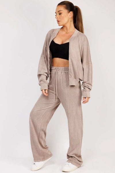 Taupe Stonewashed Zipped Bomber Jacket & Joggers Loungewear Set