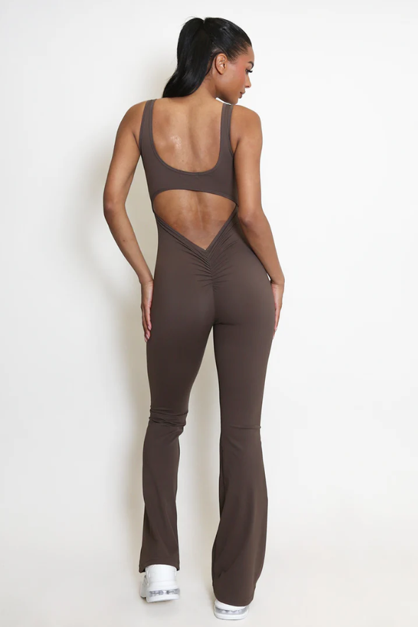 Cut Out Back Ruched Push up Jumpsuit Brown