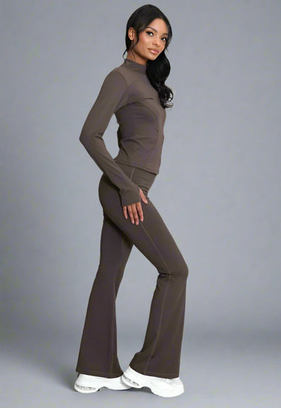 Active Zip Top And Push Up Flare Trouser Set Brown