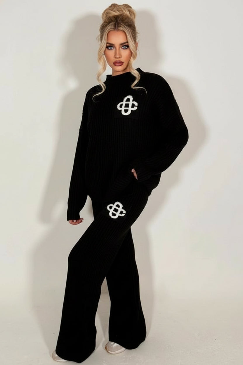 Knitted Lounge Set With Contrast Emblem Black