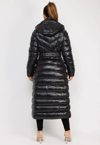 Black Long Padded Puffer Trench Coat Jacket With Hood & Belt