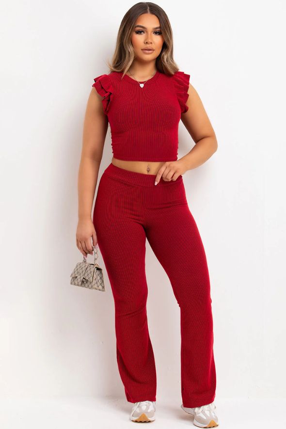 Frill Shoulder Top And Skinny Flare Trouser Set Ribbed Red