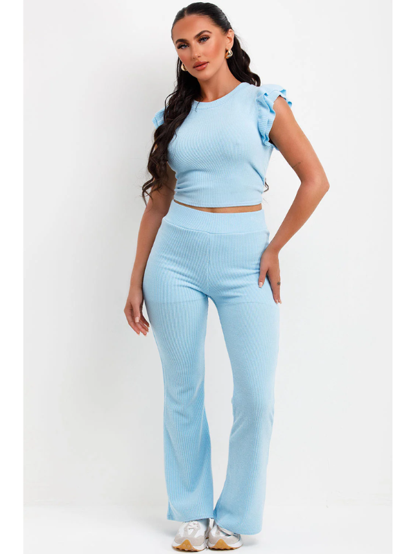 Frill Shoulder Top And Skinny Flare Trouser Set Ribbed sky blue