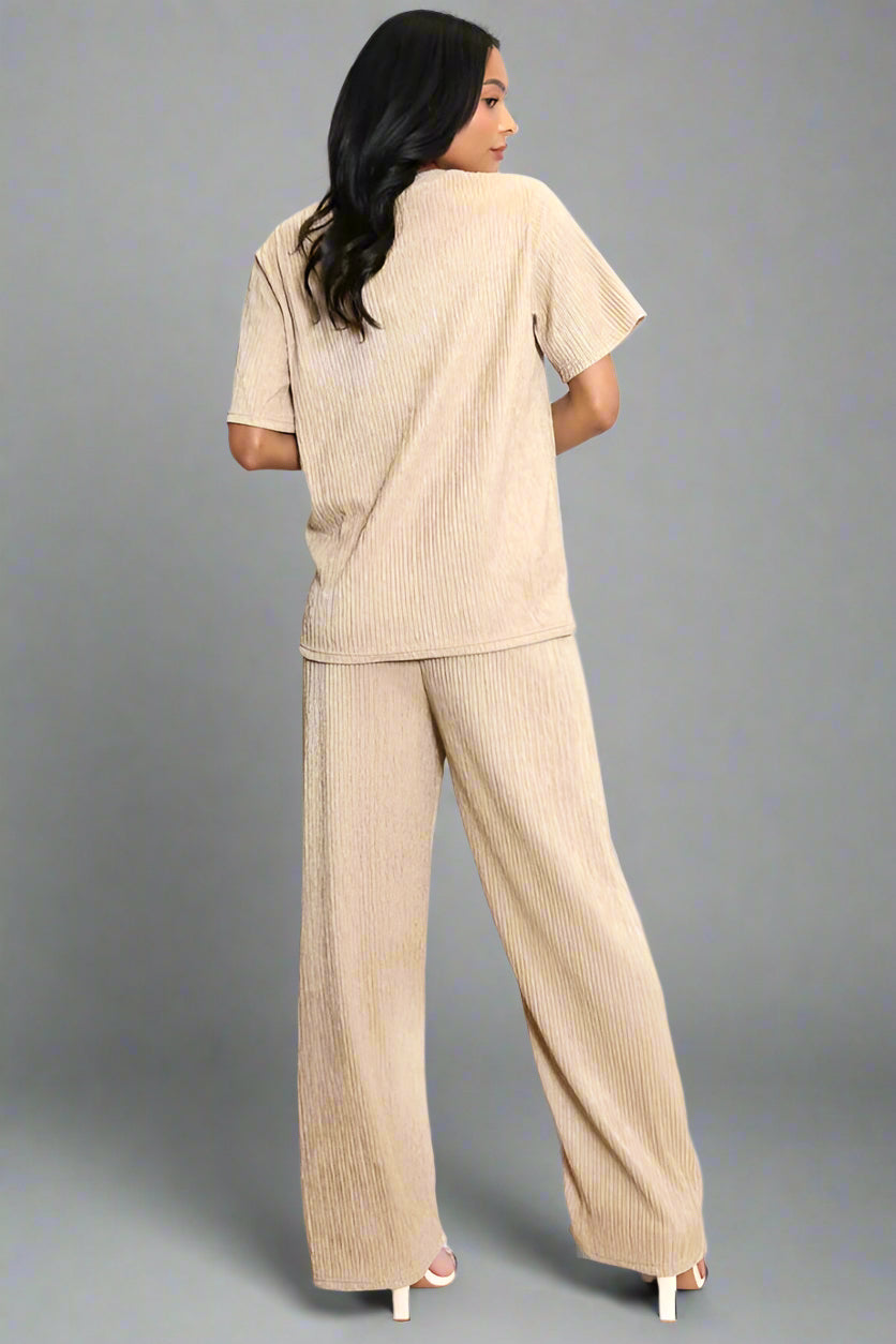 Asymmetric Hem Top And Wide Leg Trouser Co-Ord Taupe