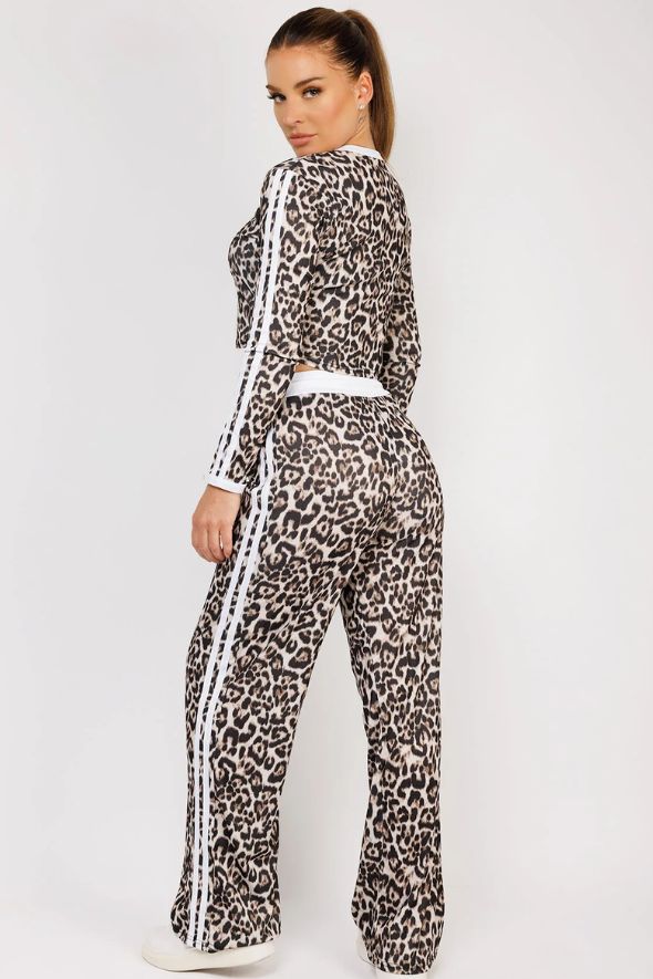 White Striped Leopard Print Ribbed Crop Top & Trousers Loungewear Set