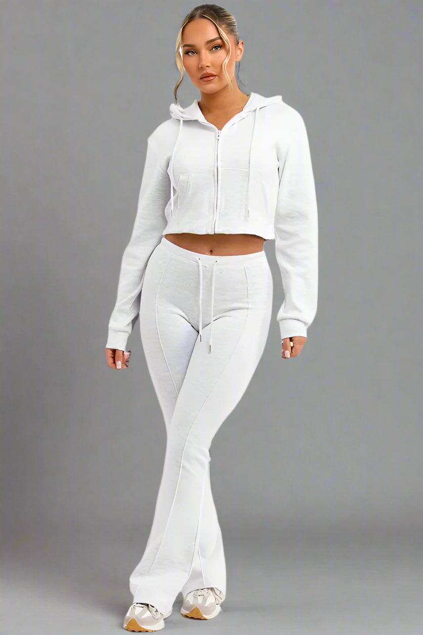 Crop Sweatshirt Hoodie And Bell Bottom Trousers Loungewear Grey Marl