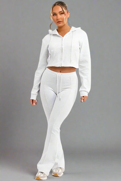 Crop Sweatshirt Hoodie And Bell Bottom Trousers Loungewear Grey Marl