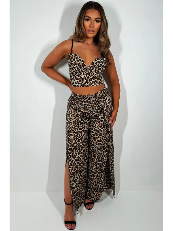 Leopard Print Wide Leg Trouser With Side Split And Top Set