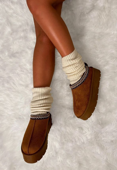 Luxury Chestnut Aztec Detail Faux Fur Lining Platform Mule