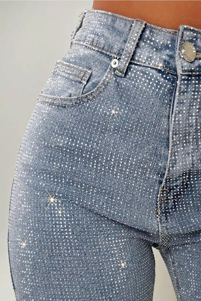 Bling Mid Blue Straight Leg Stretch Diamante Jean