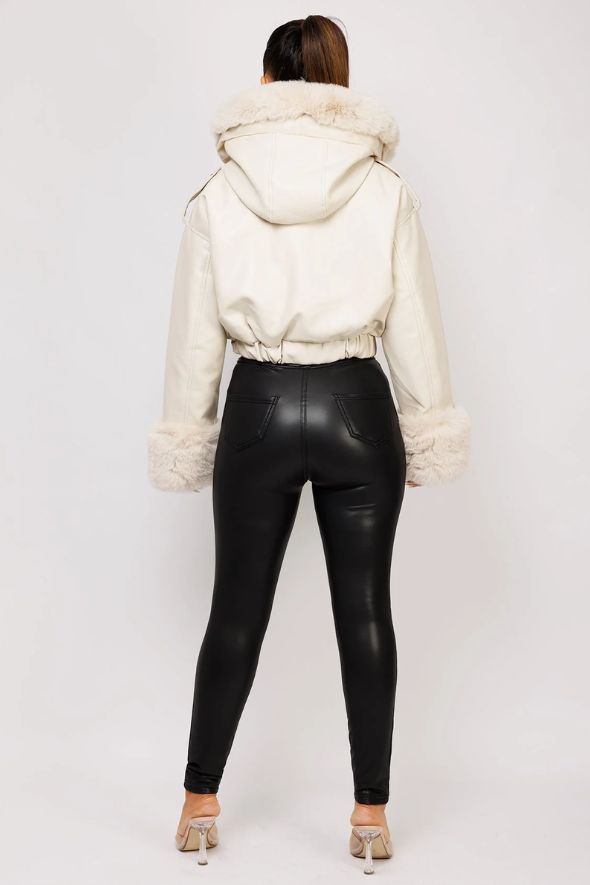 Beige Vegan Leather Faux Fur Trim Hooded Bomber Jacket