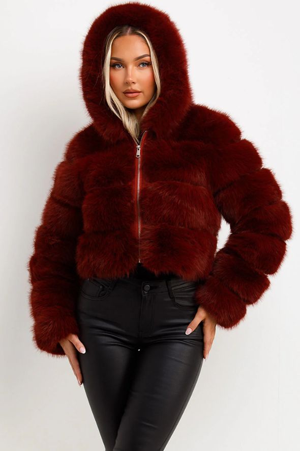 Faux Fur Coat With Hood Burgundy
