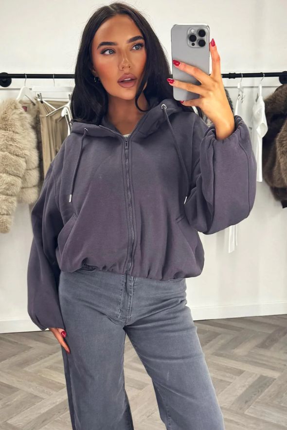 Hooded Jacket With Elastic Hem Grey