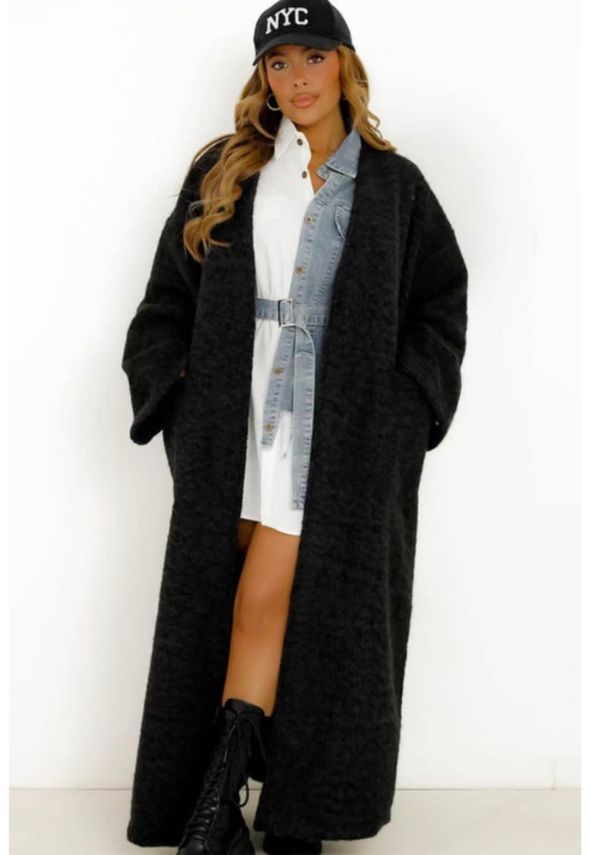Oversized Long Wool Look Coat Black