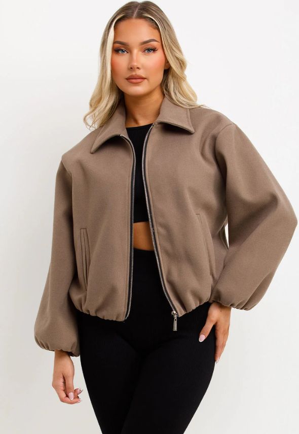 Puffed Bomber Jacket With Zip Light Brown