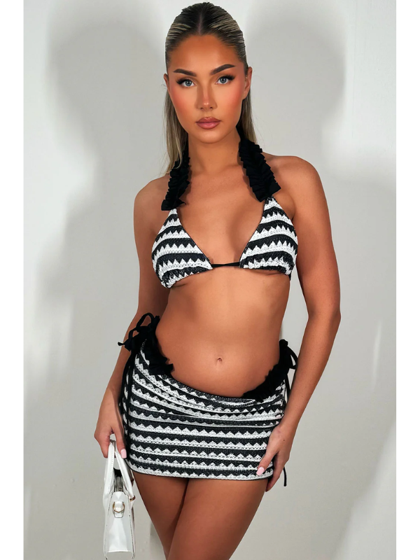 Mini Skirt Bikini 3 Piece Co Ord Set Sky Black And White