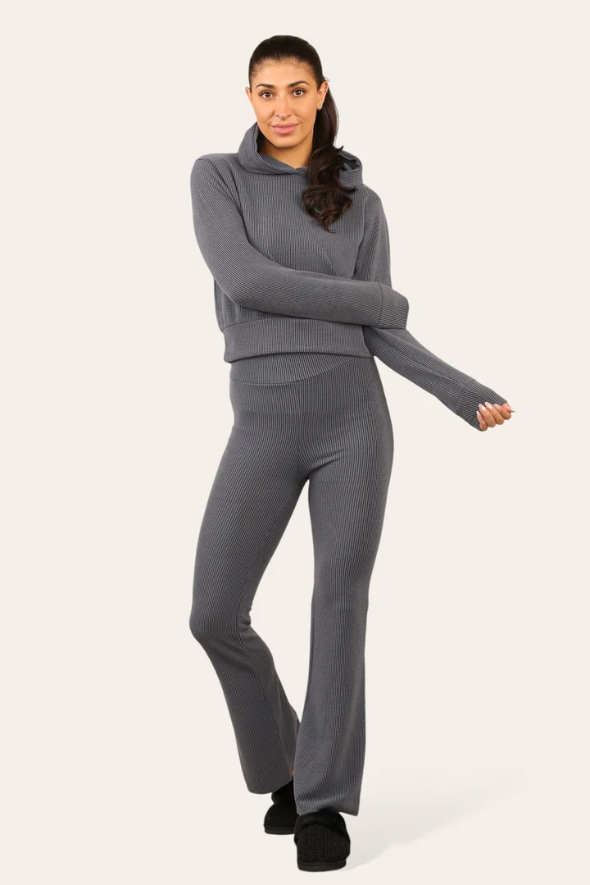 Ribbed Hooded Top & Flare Pants Set Dark Grey