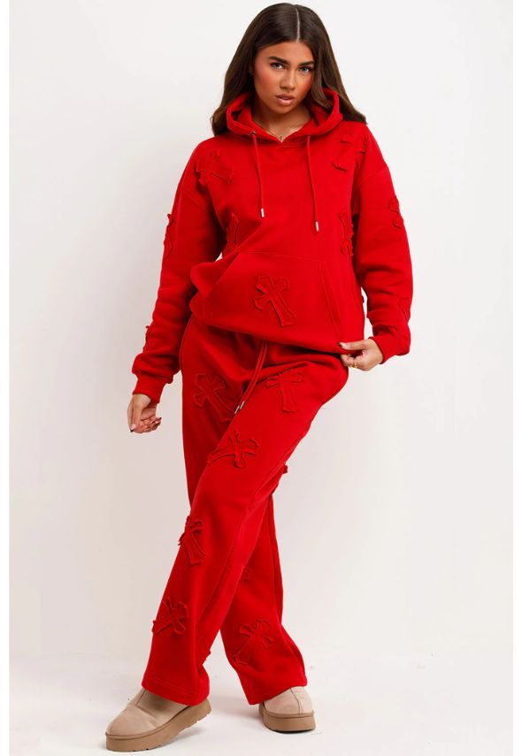 Crucifix Patch Hoodie And Joggers Tracksuit Lounge Set Red