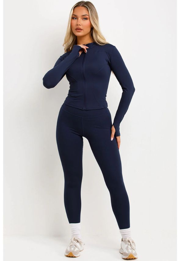 Zip Up Sports Jacket And Seamless Leggings Co Ord Set Navy
